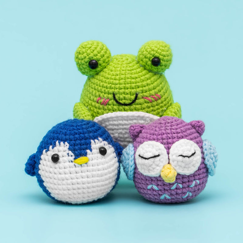 Three Pattern Animals-Owl, Penguin, Frog, Crochet Kit For Beginner