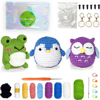 Three Pattern Animals-Owl, Penguin, Frog, Crochet Kit For Beginner